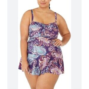 NEW Lauren Ralph Lauren One Piece Swimsuit Sz 18W Purple Paisley Swim Dress NWT